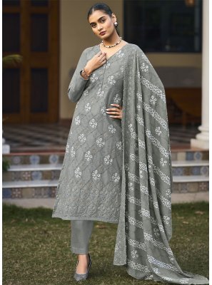 Grey Embroidered Cotton Straight Salwar Kameez