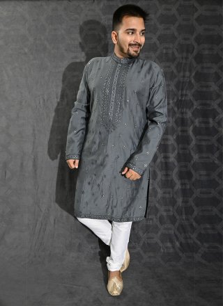 Grey Embroidered, Sequins and Thread Work Cotton Silk Kurta Pyjama