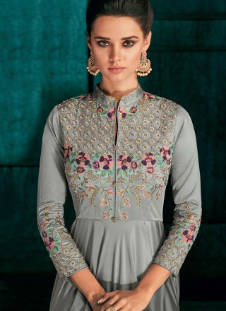Grey Embroidered Silk Readymade Gown