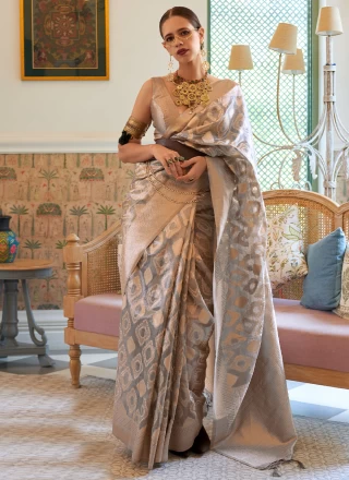 Grey Engagement Handloom silk Contemporary Style Saree