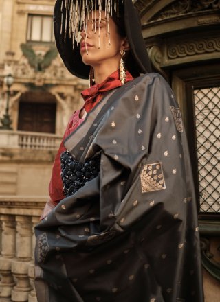 Grey Handloom Silk Designer Sari with Weaving Work for Ceremonial
