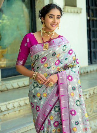 Grey Kanjivaram Silk Silk Saree with Woven Work