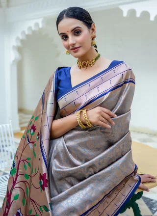 Grey Kanjivaram Silk Silk Saree with Meenakari and Woven Work for Ceremonial