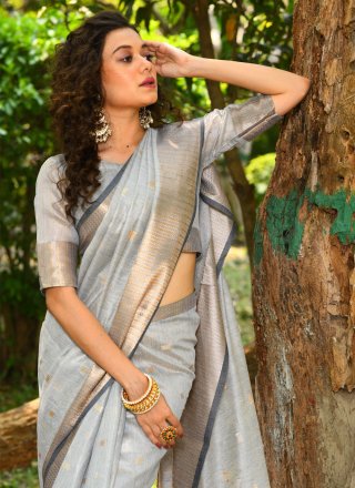 Grey Linen Classic Sari with Woven Work for Women