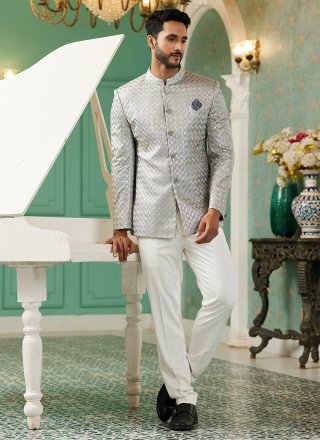 Grey Machine Embroidery and Thread Work Art Silk Indo Western