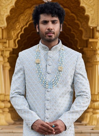 Grey Machine Embroidery and Thread Work Georgette Sherwani