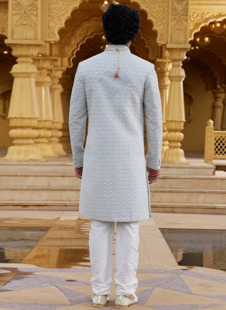 Grey Machine Embroidery and Thread Work Georgette Sherwani