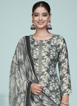 Grey Muslin Digital Print Work Salwar Suit for Women