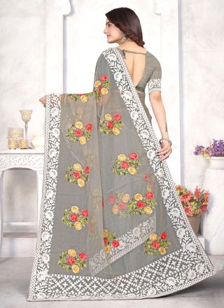 Grey Organza Classic Sari with Embroidered Work