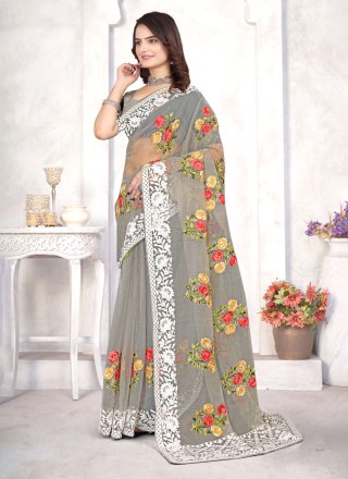 Grey Organza Classic Sari with Embroidered Work