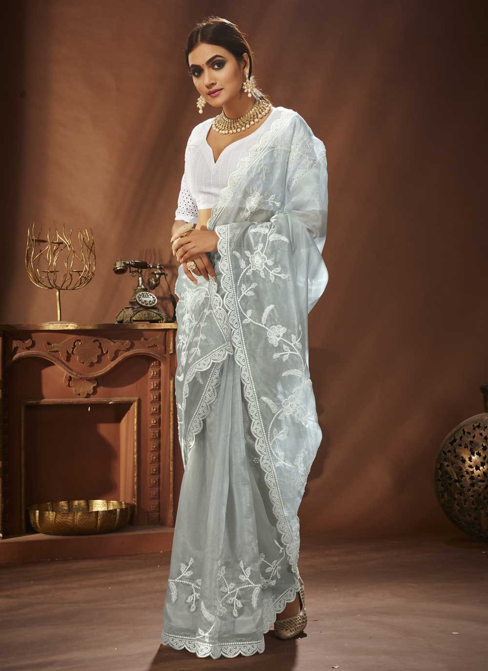 Buy Stunning Grey Bandhej Organza Saree Online in USA – Pure Elegance