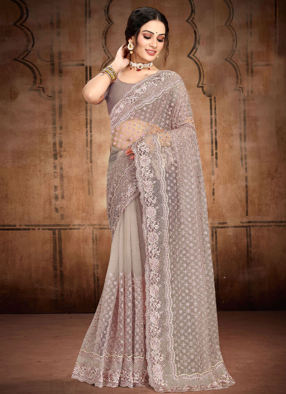 Grey net party wear saree 21307