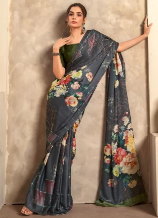 Grey Satin Silk Print Work Casual Sari