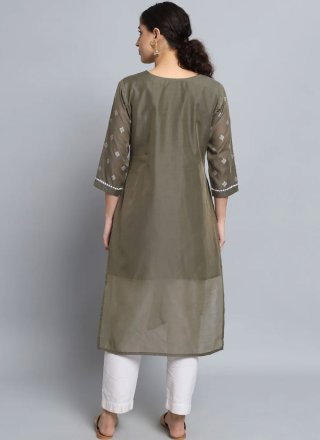 Grey Silk Blend Embroidered and Print Work Party Wear Kurti for Women