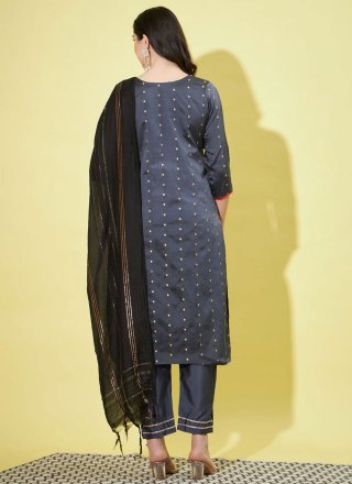 Grey Silk Blend Embroidered Salwar Suit