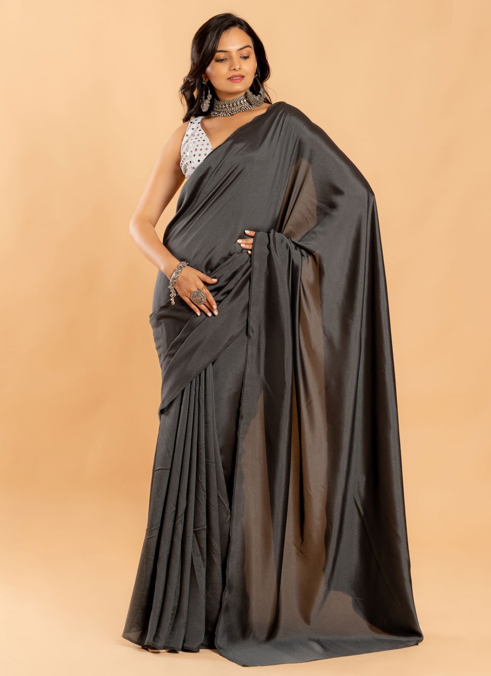 Party Wear Green Plain Satin Saree, 6 m (with blouse piece) at Rs 599/piece  in Surat