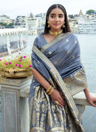 Grey Silk Woven Work Classic Saree for Ceremonial