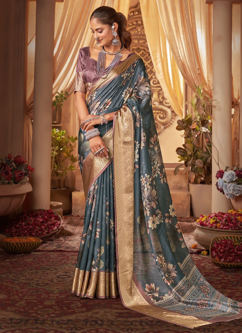 Grey Silk Patch Border and Embroidered Work Contemporary Saree for Women