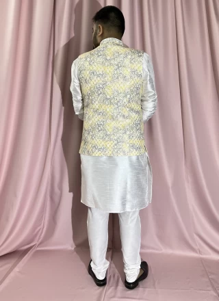 Grey, White and Yellow Color Kurta Payjama With Jacket