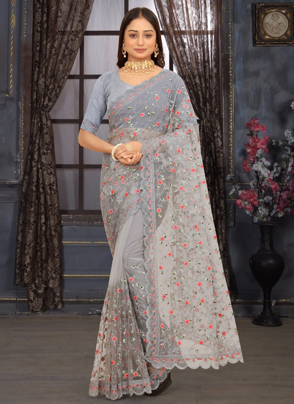 Buy Online Kajal Aggarwal Embroidered Grey Traditional Designer Saree :  206158 -