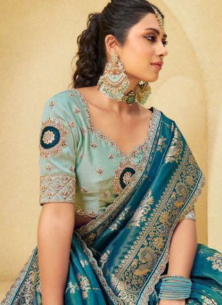Groovy Teal Silk Contemporary Sari with Embroidered Work
