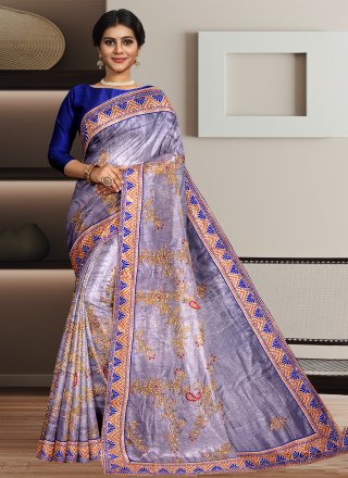 Hand Work Satin Silk Classic Sari In Purple