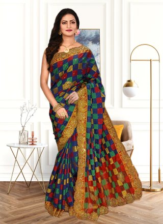 Multi Colour Kanjivaram Silk Designer Saree with Hand Work