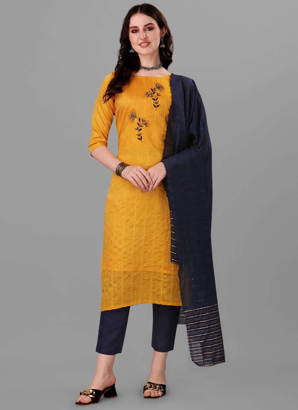 Handloom Cotton Mustard Embroidered Trendy Salwar Kameez