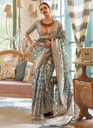 Handloom silk Blue and Grey Trendy Saree