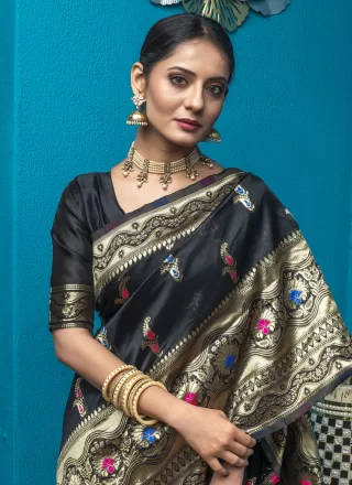 Handloom Silk Contemporary Sari In Black