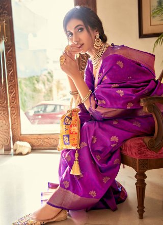 Handloom silk Weaving Purple Contemporary Saree