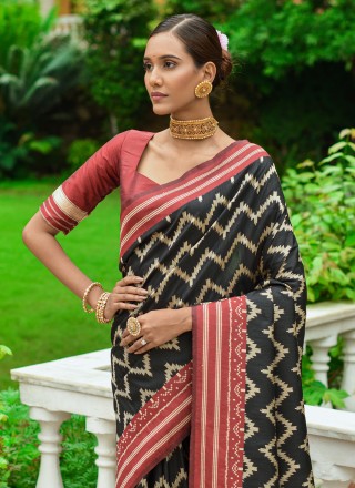 Handloom silk Woven Black Saree