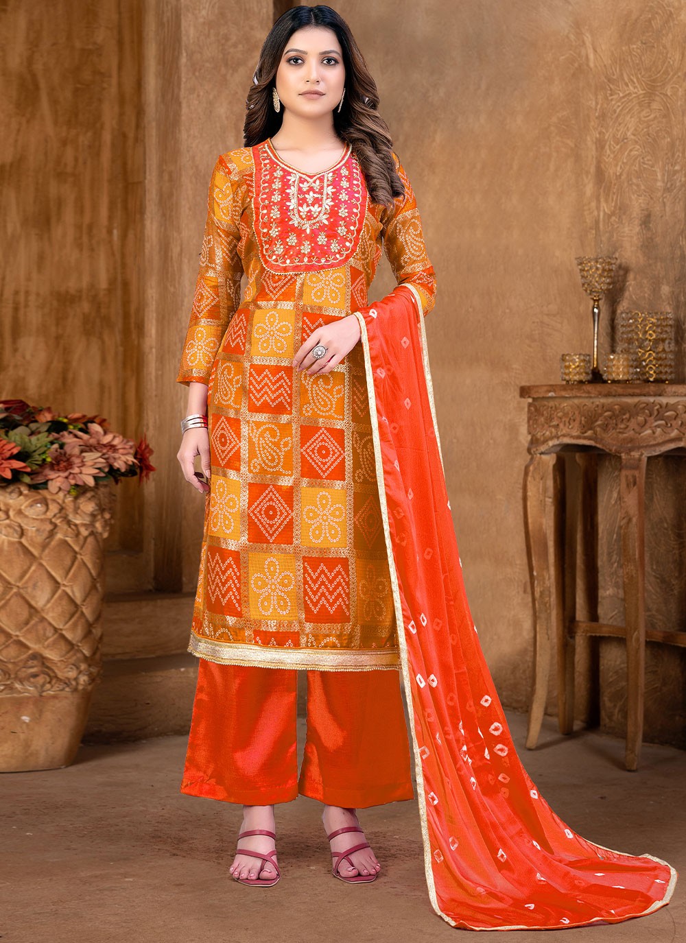 Handwork Orange Palazzo Salwar Suit 