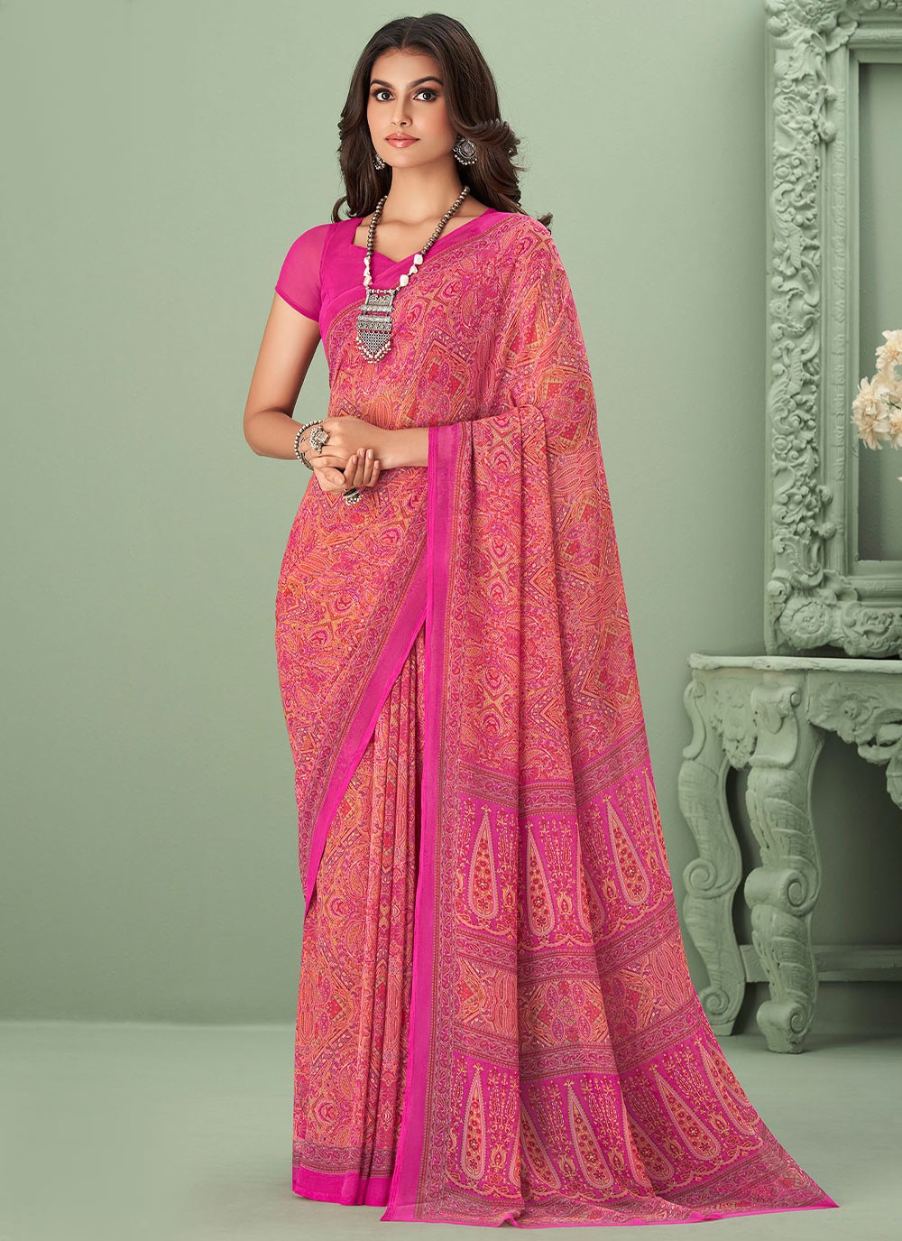 Shop Sparkling Lace Work Hot Pink Color Wedding Saree Online