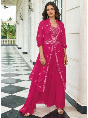 Hot Pink Faux Georgette Embroidered Jacket Style Salwar Kameez