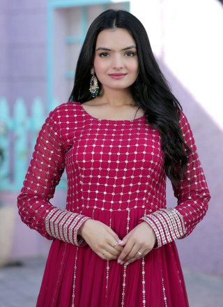 Hot Pink Georgette Zari Floor Length Gown