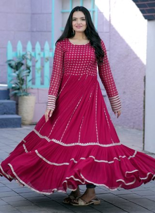 Hot Pink Georgette Zari Floor Length Gown