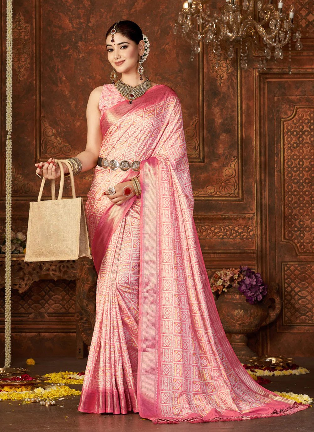 Buy Rani Pink Printed Semi Crepe Saree - Koskii