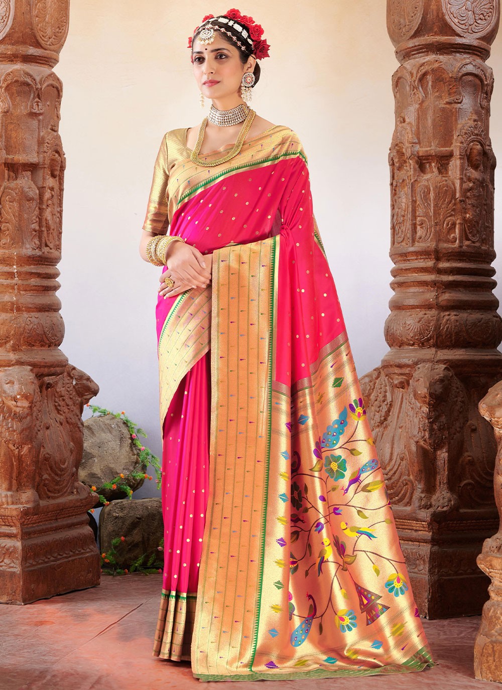 Buy Hot Pink Satin Silk Saree online-Karagiri