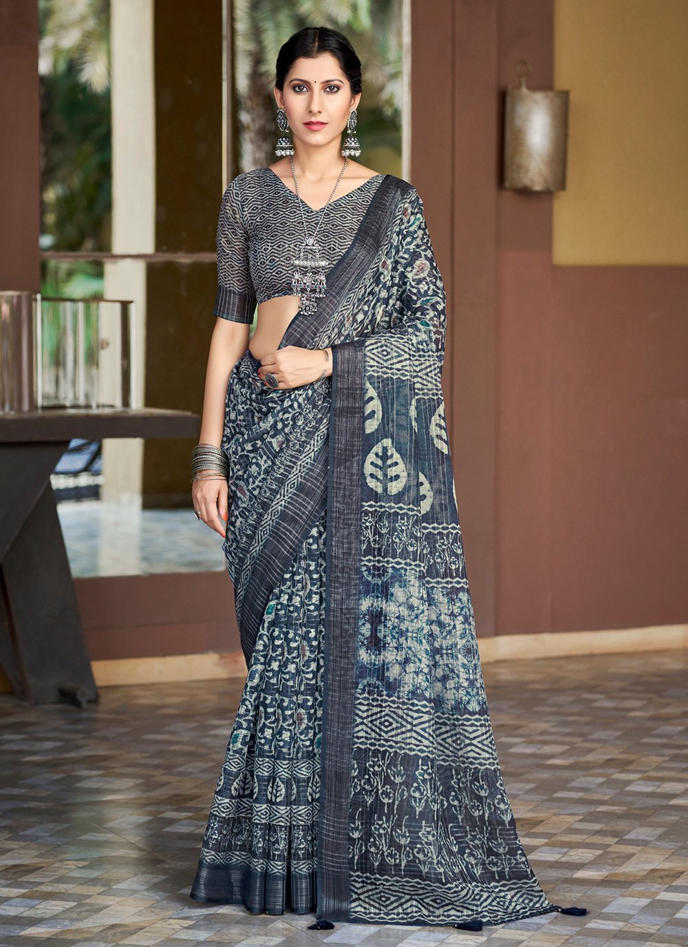 Buy Printed Saree Zari Linen in Blue Online