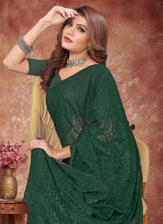 Hypnotizing Green Georgette Contemporary Saree with Embroidered and Resham Work