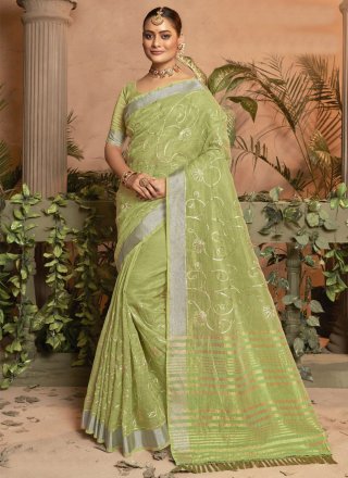 Immaculate Green Cotton Silk Casual Sari with Embroidered Work