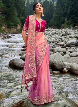 Incredible Multi Colour Organza Contemporary Sari with Embroidered Work