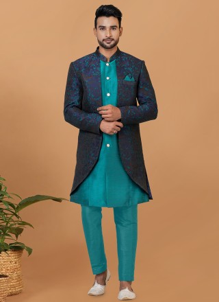 Indo Western Fancy Dupion Silk in Blue and Rama