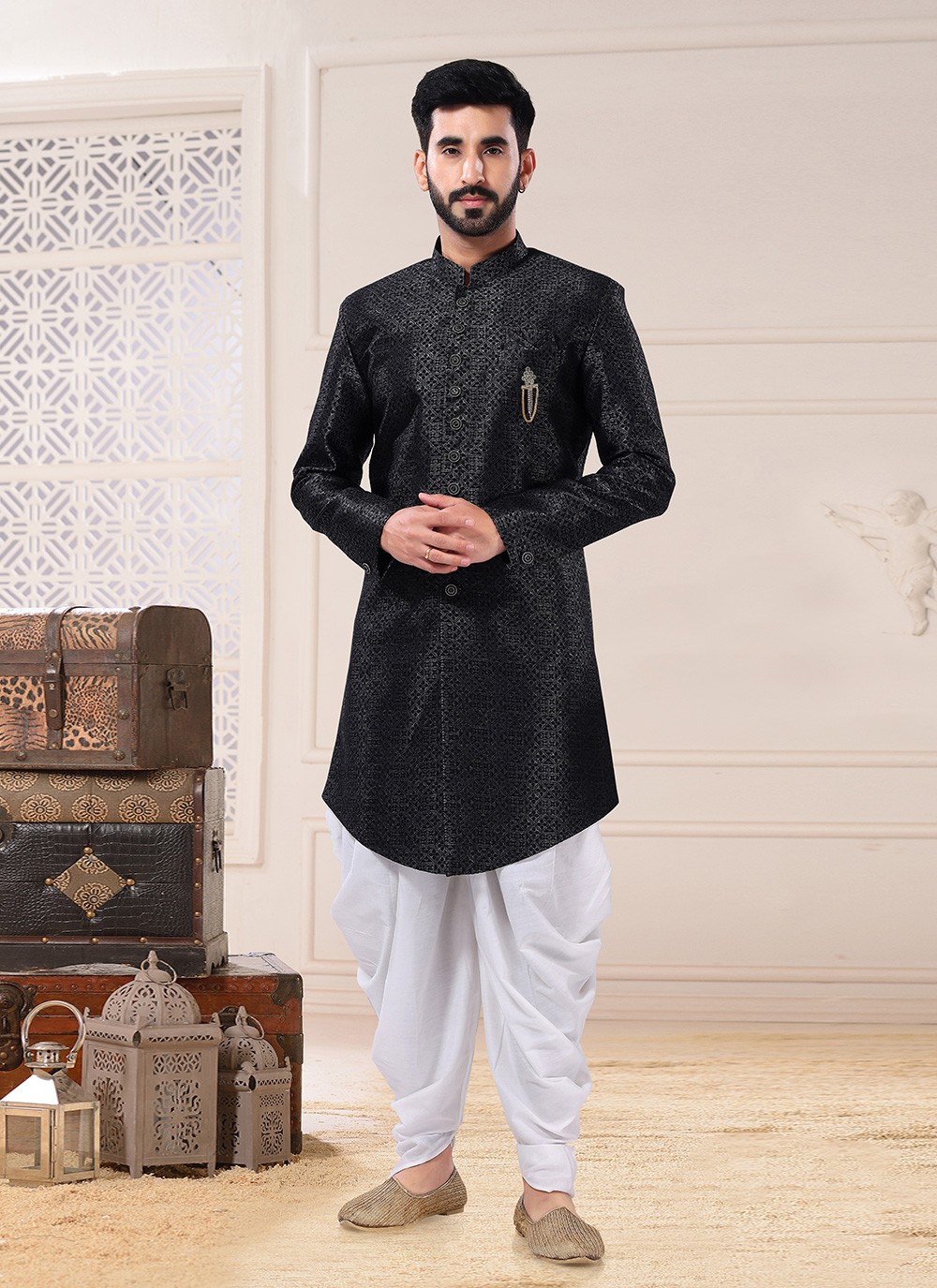 Indo Western Sherwani Embroidered Jacquard in Black buy online