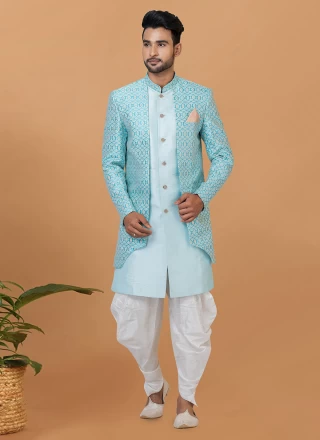 Indo Western Sherwani Fancy Dupion Silk in Turquoise