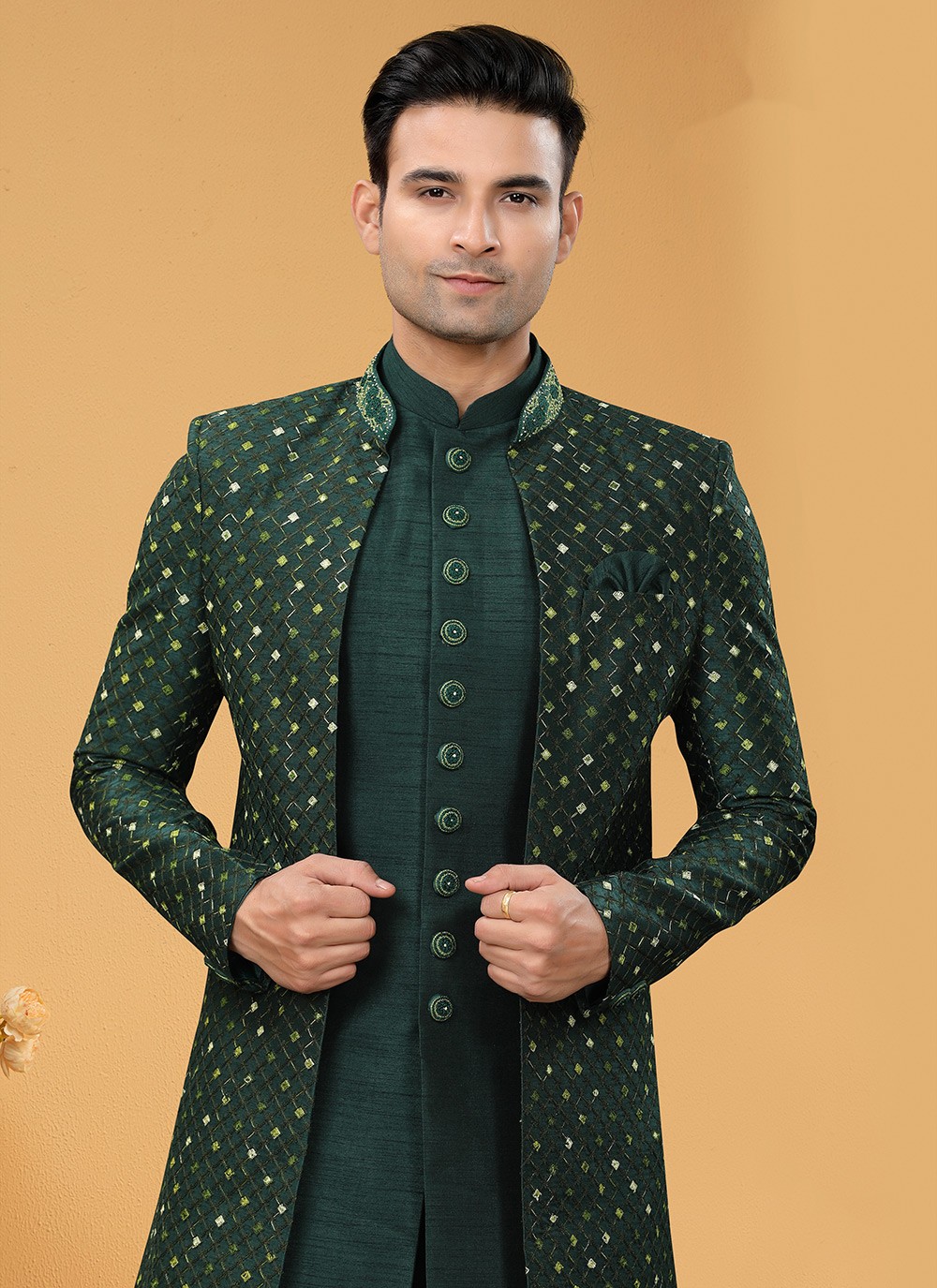 Shop Indo Western Sherwani Handwork Art Silk in Green Online : 253749