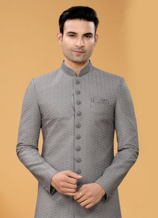 Indo Western Sherwani Sequins Fancy Fabric in Grey