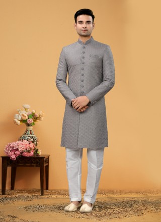 Indo Western Sherwani Sequins Fancy Fabric in Grey