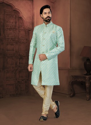 Indo Western Sherwani Thread Work Banarasi Jacquard in Sea Green